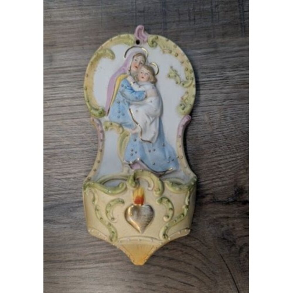 Antique German Porcelain Bisque Holy Water Font Virgin Mary & Child Jesus Wall